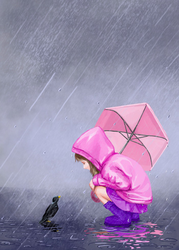 Maedchen im Regen mit Amsel