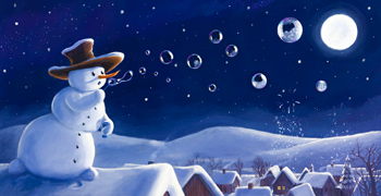 Zeichnung - Schneemann steht auf einem Dach und macht Seifenblasen
